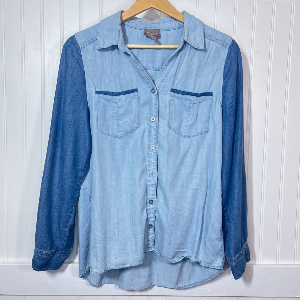 Chico's Shirt Soft Girl Chambray Button Up Blue Denim Long Sleeve Pockets Mature